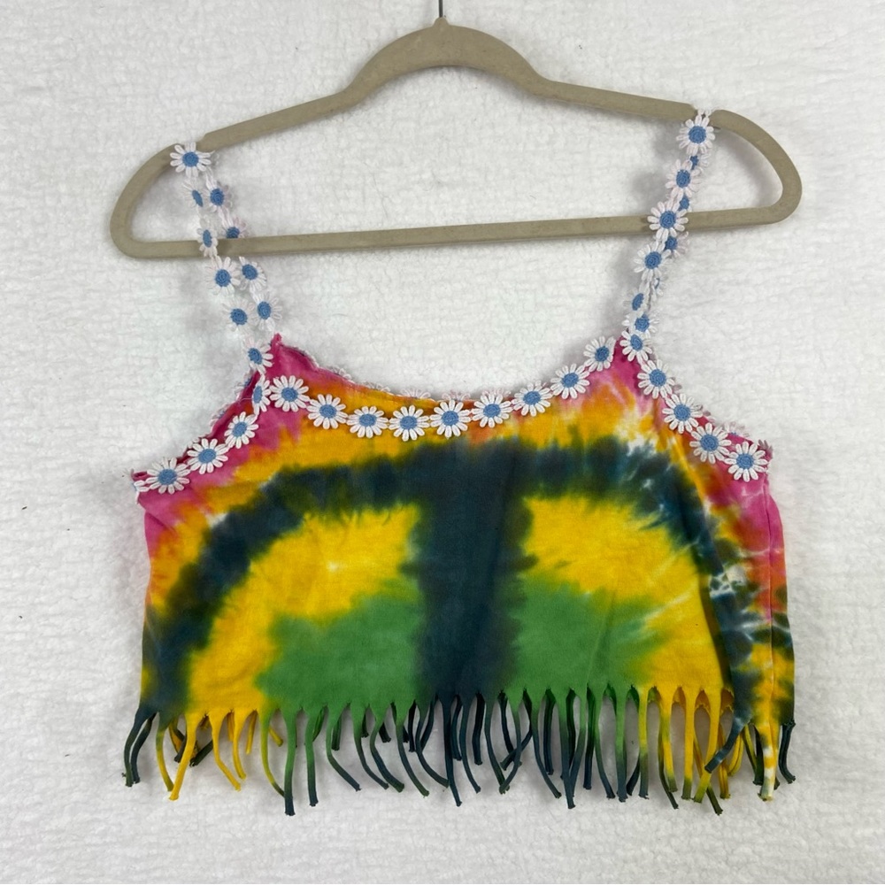 Furst of a kind cut off fringe peace sign floral flower tank top. OS